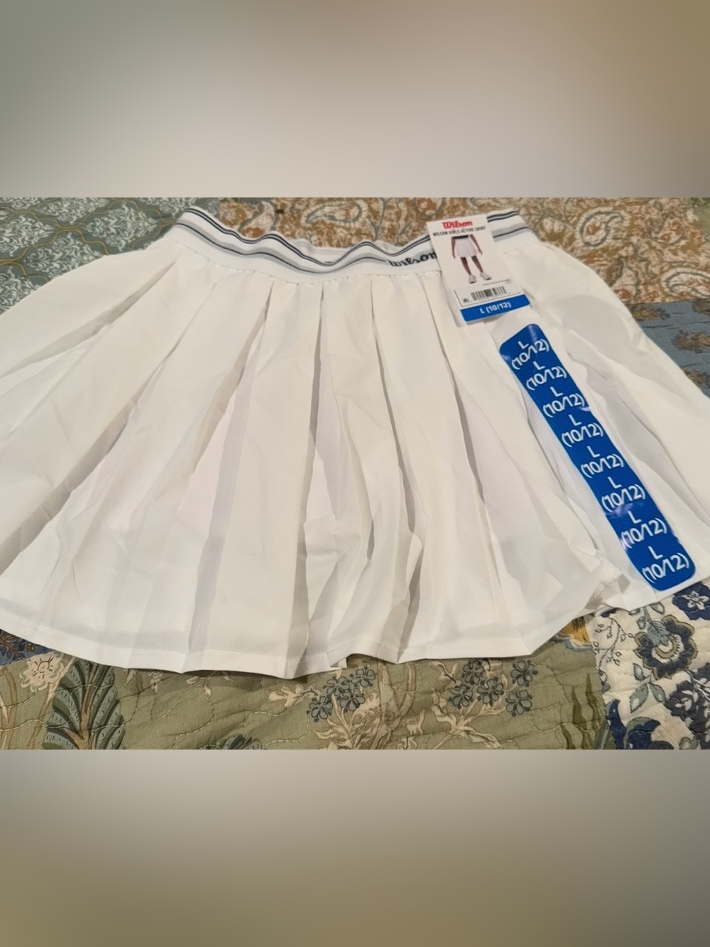 Wilson White Pleated Skirt with Blu/Gray-Trim Waistband